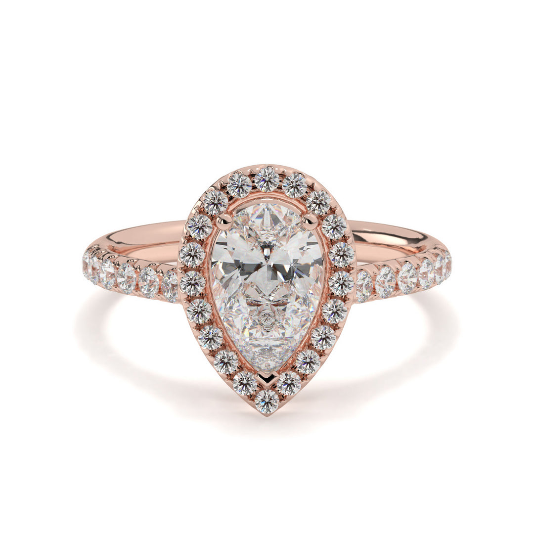 Yvette-Pear halo solitaire ring