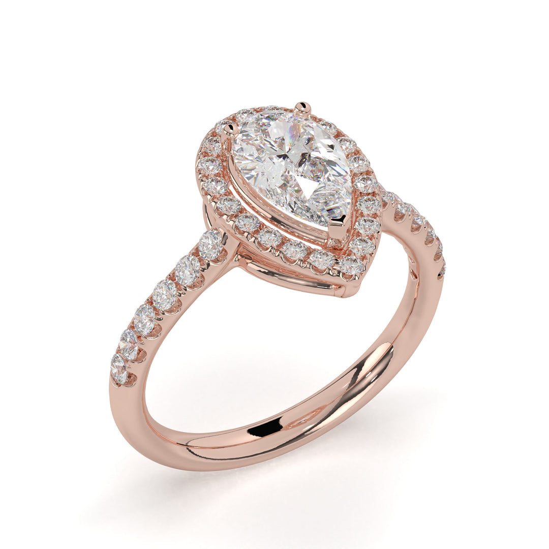 Yvette-Pear halo solitaire ring